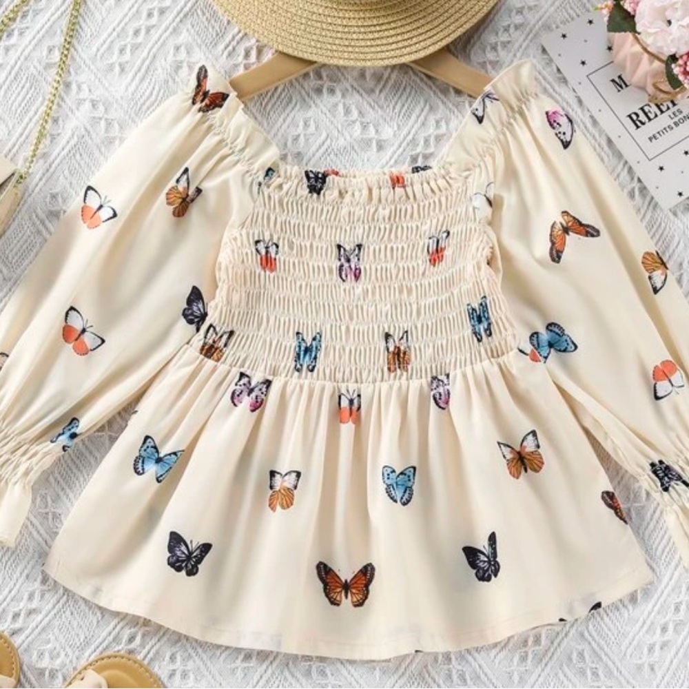 SHEIN Young Girl Butterfly Printed Shirred Flounce Sleeve Blouse